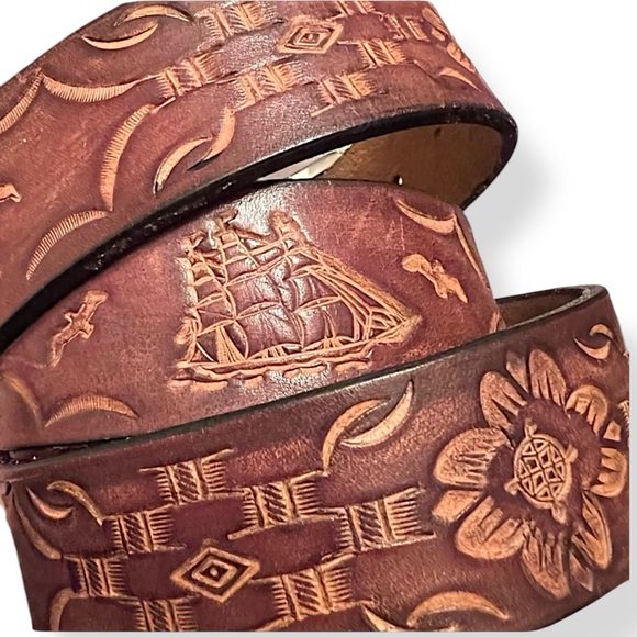 Tooled leather belt brown clipper ships EUC - Picture 1 of 5
